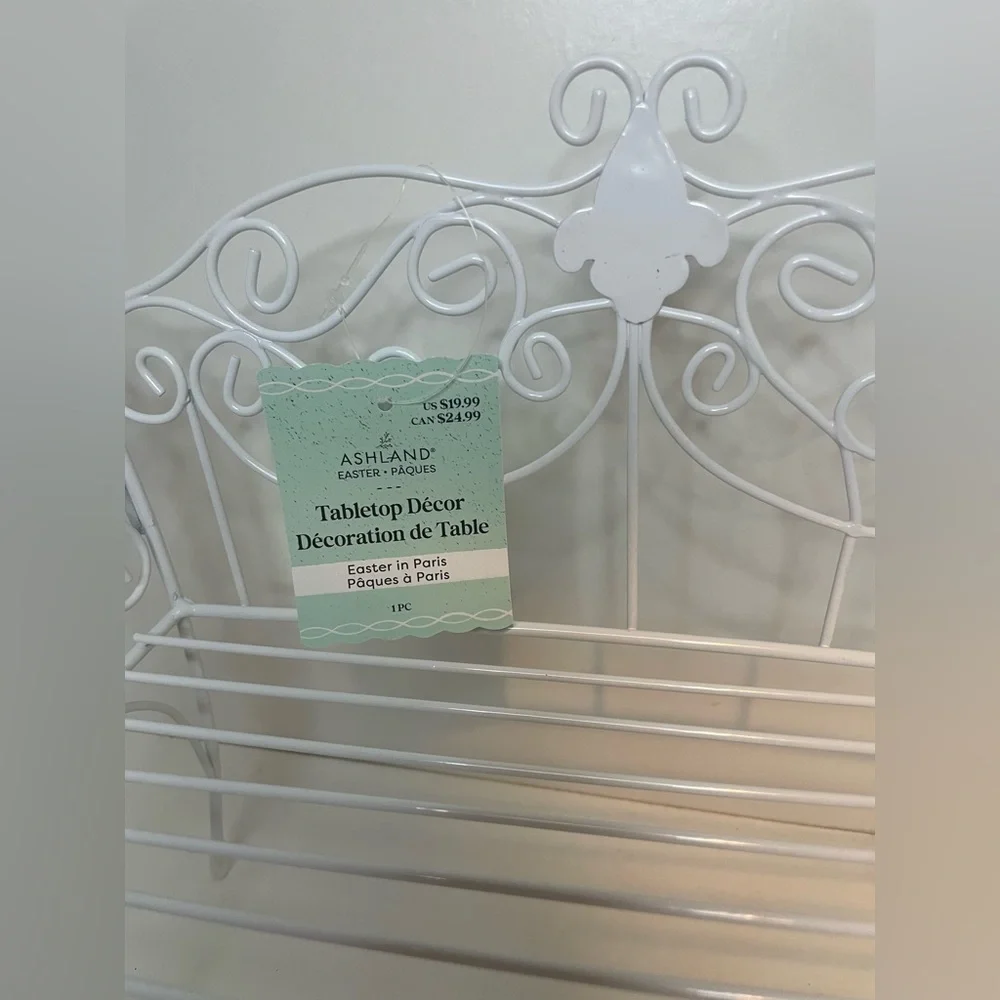 White Metal Scrollwork Bench, Home Decor, Spring Tabletop decor